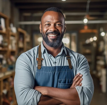 Homem negro de camisa azul clara com avental jeans sorrindo de braços cruzados